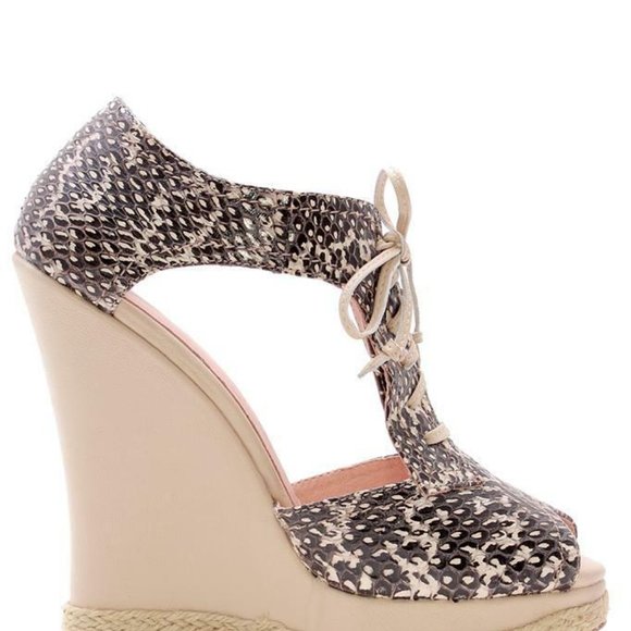 Plomo Esther Wedge Light Peach Snake Snakeskin T-Strap Cut-out lace up Sandal - Picture 5 of 6